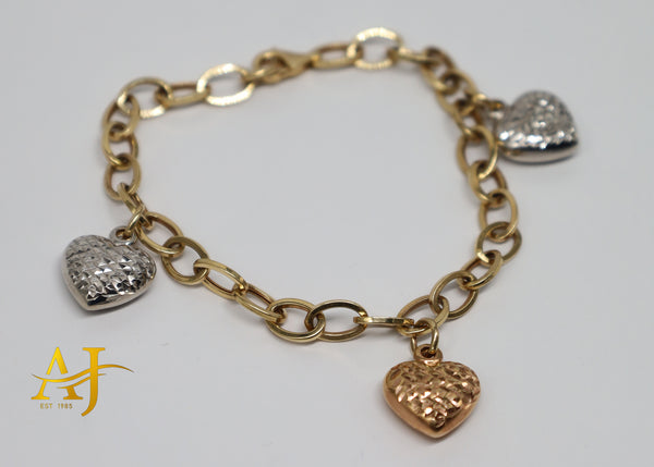 14KT 3 Tone Heart Charm Bracelet