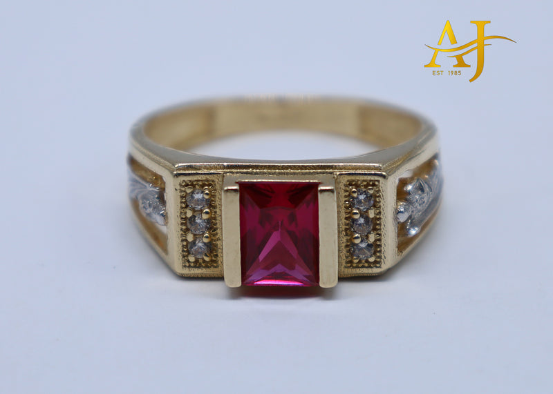 14K 2 Tone Ruby CZ San Judas Ring