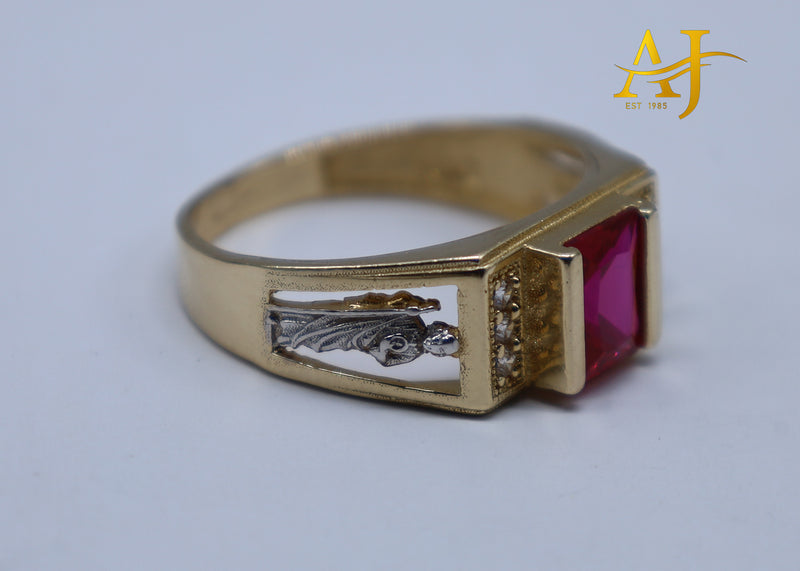 14K 2 Tone Ruby CZ San Judas Ring