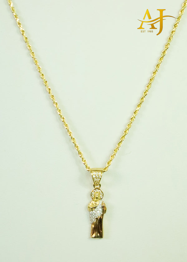 14K 3 Tone San Judas and Rope Chain Set