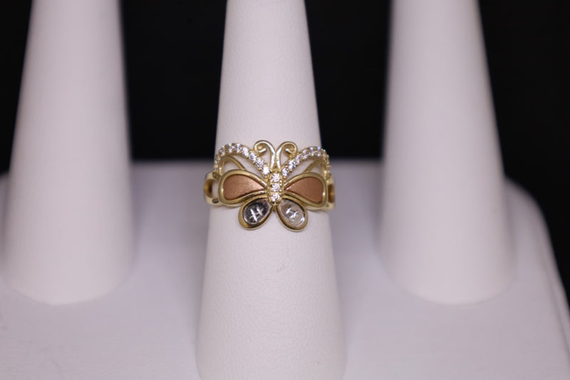 Anillo de mariposa con circonita cúbica en tres tonos de oro de 14 kt