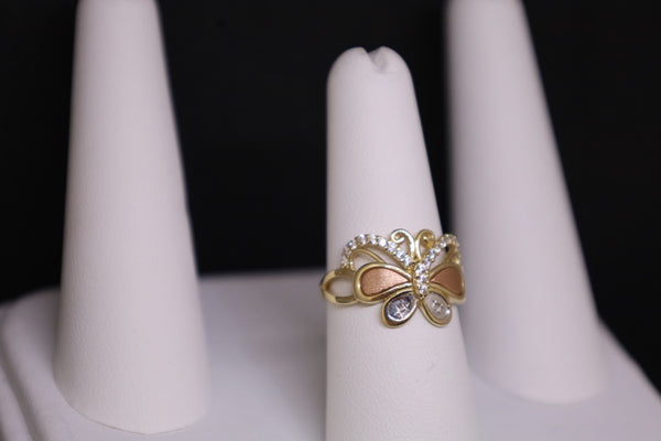 14KT 3 Tone Butterfly CZ Ring